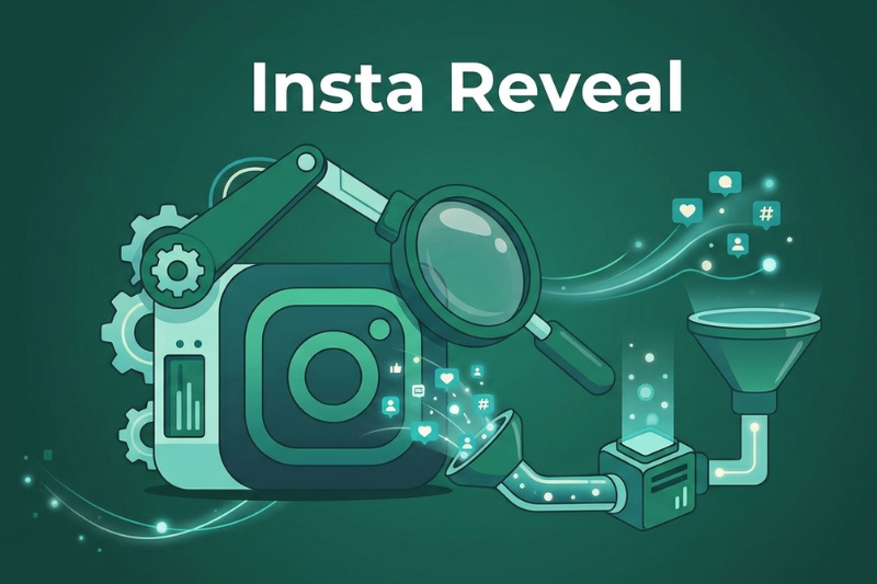 The Insta Reveal interface revealing a private Instagram profile with stories, reels and follower lists unlocked